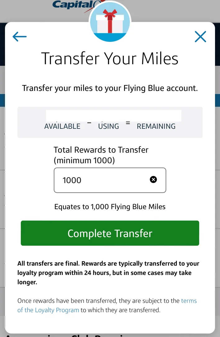 Enter the amount and click Complete Transfer